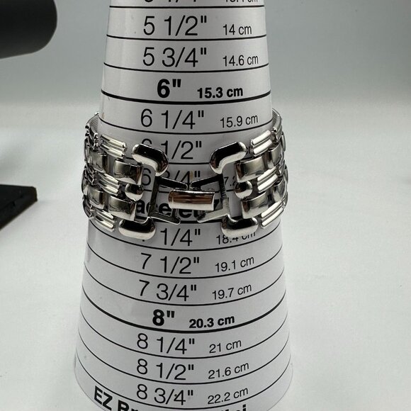 Vintage Wide Link Bracelet Silver Tone Flat Panel Statement Jewelry 7 Inch - Picture 6 of 8